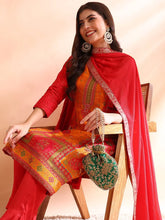 Women Red Chanderi Silk Ethnic Motifs Woven Design Straight Kurta Trousers With Dupatta-PKSKD2585